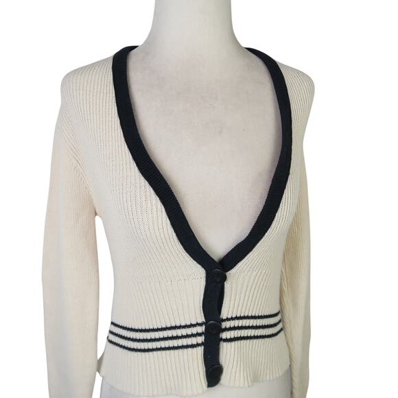 Vintage 90s Objects D'art Cream Black Stripe Crop Cardigan Sweater L - Picture 2 of 6